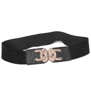 Elastic Cinch Belt Serpent Gold Buckle Faux Leather Evening Party Retro